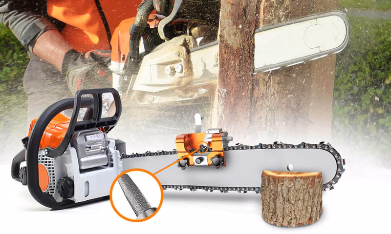 Portable chainsaw sharpener tool inside its compact protective carrying case.